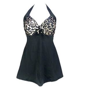 COCOSHIP Black and Leopard Print Women's One Piece Swimdress
